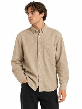 Zara Men’s Beige Tan 100% Cotton Long Sleeve Button Down Shirt Pocket - M